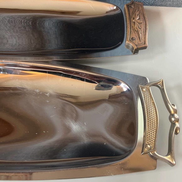 2 Vintage Kromex Serving Tray w/ Wood Handles | Vintage Chrome Serving Tray - Picture 4 of 7